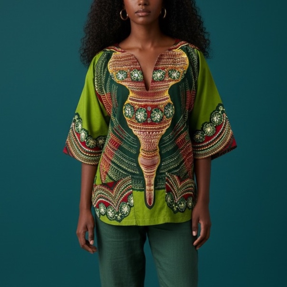 Vtg 70s Bou Boudina Green Print Dashiki Top Flare Sleeves M Cotton True Vintage
